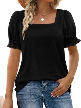 XXL Black Square Neck Puff Sleeve Women's Top